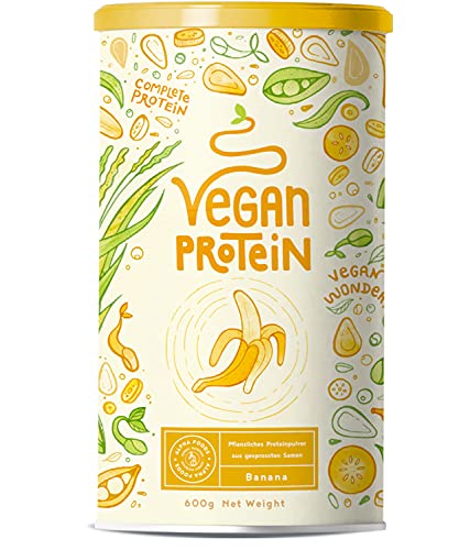Proteina Vegana - BANANA - Proteinas vegetal de arroz, guisantes, semillas de lino, amaranto, semillas de girasol y semillas de calabaza germinadas - 600 g en polvo con sabor a Banana