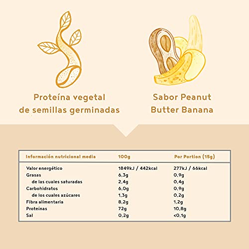 Proteina Vegana - MANTEQUILLA DE CACAHUETE - BANANA - Proteinas vegetal de arroz, guisantes, semillas de lino, amaranto, semillas de girasol y semillas de calabaza germinadas - 600 g en polvo