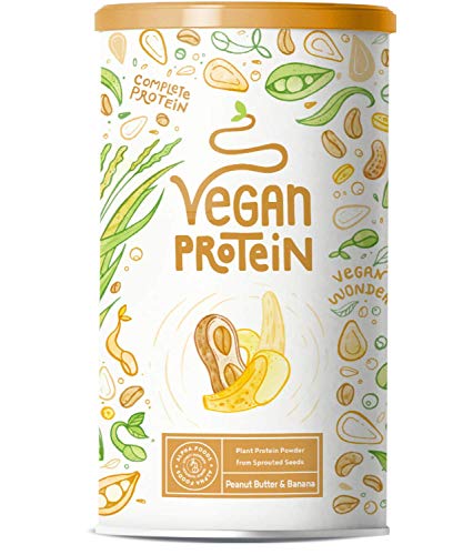 Proteina Vegana - MANTEQUILLA DE CACAHUETE - BANANA - Proteinas vegetal de arroz, guisantes, semillas de lino, amaranto, semillas de girasol y semillas de calabaza germinadas - 600 g en polvo