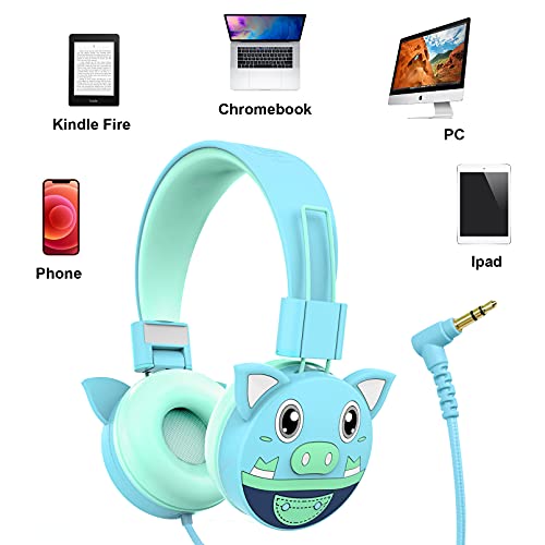 puersit Auriculares Niños, Cascos Infantiles con Límite de Volumen de 85 dB,Cascos para Niños Ajustables y Plegables para la Escuela,Viajes, Azul Pig