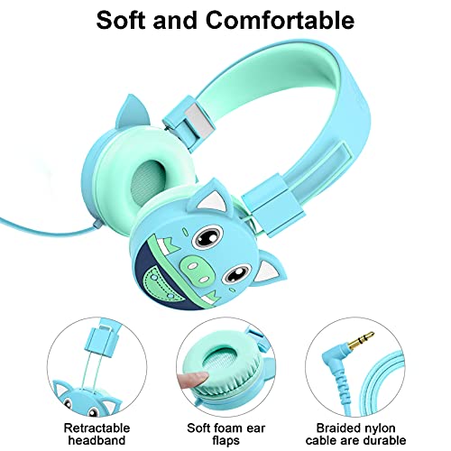 puersit Auriculares Niños, Cascos Infantiles con Límite de Volumen de 85 dB,Cascos para Niños Ajustables y Plegables para la Escuela,Viajes, Azul Pig