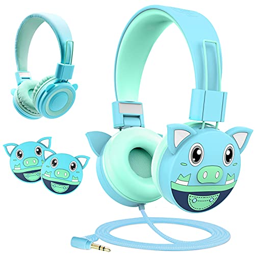 puersit Auriculares Niños, Cascos Infantiles con Límite de Volumen de 85 dB,Cascos para Niños Ajustables y Plegables para la Escuela,Viajes, Azul Pig