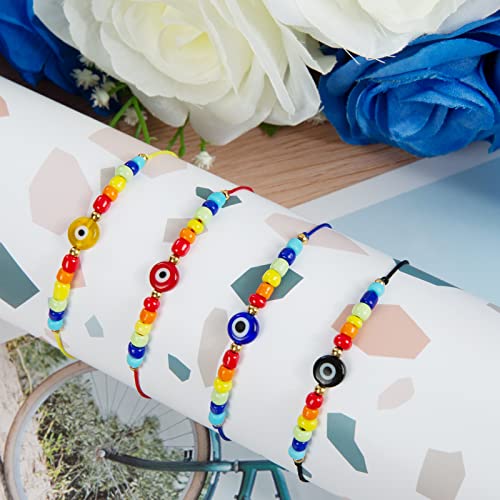 Pulsera de Ojo Turco, Weinsamkeit 4 Pulseras de Ojo Malvado, Pulsera de Amuleto de Cábala Ajustable a Mano, Kabbalah de Hilo de Colores, Conjunto de Pulseras de Amistad Tibetana Unisex