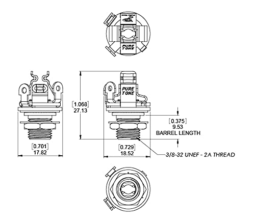 Pure Tone Jack Hembra Cromado Mono con Agarre Total para Amplificador Guitarra Bajo o Pedal de Efectos