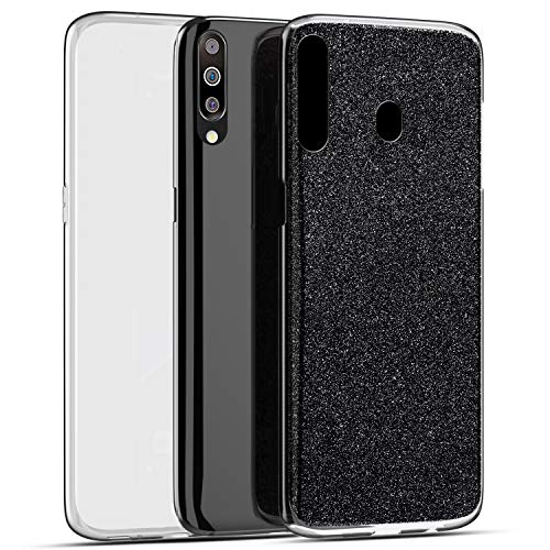 Purpurina Funda Móvil Compatible con Galaxy M30, 360 Grados Transparente Suave TPU Silicona Bumper Teléfono Funda Ultra-Delgada Delantera y Trasera Goma Carcasa Antigolpes para Galaxy M30,Negra