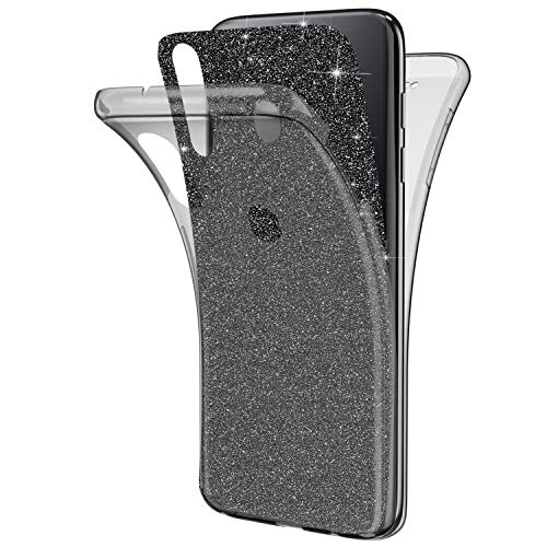 Purpurina Funda Móvil Compatible con Galaxy M30, 360 Grados Transparente Suave TPU Silicona Bumper Teléfono Funda Ultra-Delgada Delantera y Trasera Goma Carcasa Antigolpes para Galaxy M30,Negra