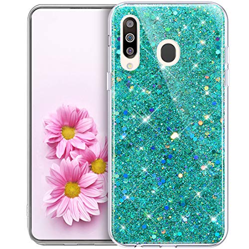 Purpurina Funda Móvil Compatible con Galaxy M30, Brillantes Suave TPU Silicona Goma Funda Ultra-Delgada Transparente Glitter Bling Brillo Lentejuelas Carcasa Protectora para Galaxy M30,Verde