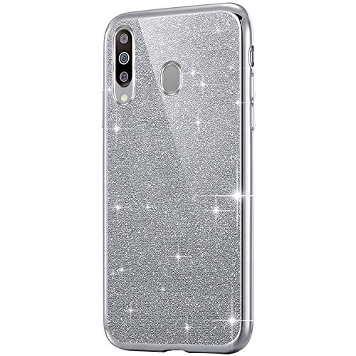 Purpurina Funda Móvil Compatible con Galaxy M30, Transparente Suave TPU Silicona Enchapado Bumper Teléfono Funda Ultra-Delgada Glitter Brillo Brillantes Carcasa Protectora para Galaxy M30,Plata