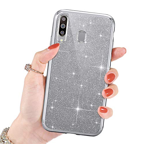 Purpurina Funda Móvil Compatible con Galaxy M30, Transparente Suave TPU Silicona Enchapado Bumper Teléfono Funda Ultra-Delgada Glitter Brillo Brillantes Carcasa Protectora para Galaxy M30,Plata