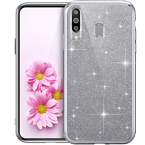 Purpurina Funda Móvil Compatible con Galaxy M30, Transparente Suave TPU Silicona Enchapado Bumper Teléfono Funda Ultra-Delgada Glitter Brillo Brillantes Carcasa Protectora para Galaxy M30,Plata