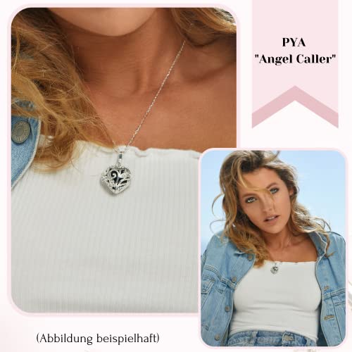 PYA Engelsrufer Cadena de plata de ley 925 de 45 cm con colgante y bola de sonido en rosa/negro/gris/plata | Joya individual para mujer con colgante de corazón, ángel de la guarda y bola de colores.