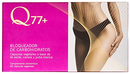 Q77+ BLOQUEADOR DE CARBOHIDRATOS | Pastillas para Adelgazar | Quemagrasas Natural | Perder peso | Efecto Saciante | Con Té verde, Canela, Minerales y Ácido Fólico | 60 cápsulas