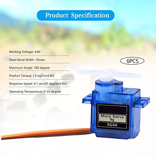 QIMEI-SHOP Servo Motor Micro SG90 9G Kit para RC Robot Helicóptero Avión Coche Barco Arduino Proyectos 180 Grados con Brazos y Tornillos 6 Piezas