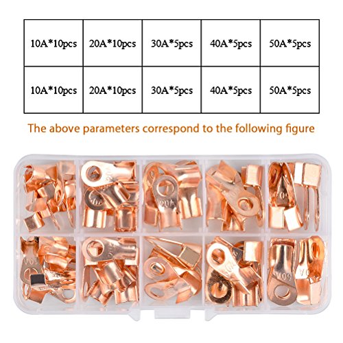 QLOUNI 70pcs Terminales de Anillo - Terminales de Cobre Abierto Cable Crimp Conector Anillo de Cobre OT-10A 20A 30A 40A 50A