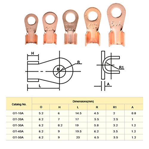 QLOUNI 70pcs Terminales de Anillo - Terminales de Cobre Abierto Cable Crimp Conector Anillo de Cobre OT-10A 20A 30A 40A 50A