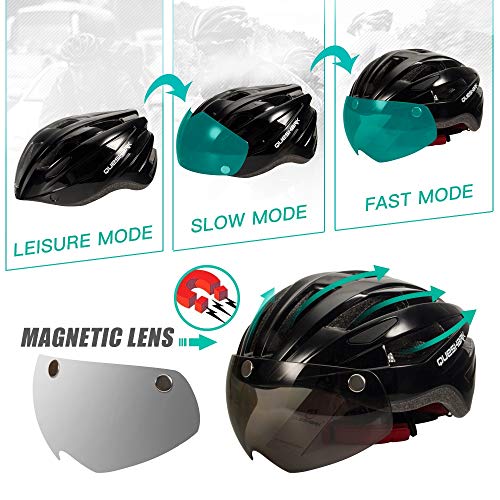 Queshark Casco Bicicleta con luz, Certificación 1280 PPE CE,con Visera Magnética Seguridad Ajustable Desmontable Deporte Gafas de Protección Ligera para Montar Ski & Snowboard