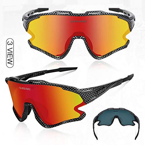 Queshark Gafas Ciclismo Deportivas con Montura MTB TR90 Gafas de Bicicleta para Hombres Mujeres con 1 Polarizadas 3 HD Lentes Intercambiables Anti-UV400 QE0051