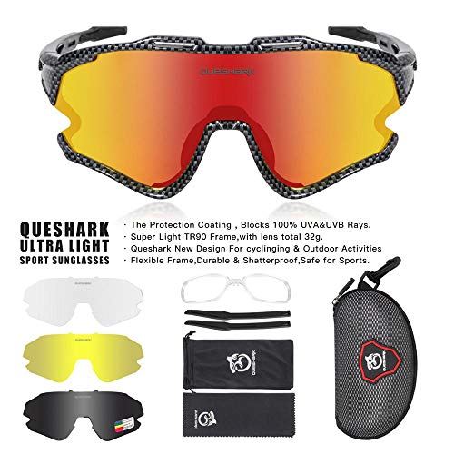 Queshark Gafas Ciclismo Deportivas con Montura MTB TR90 Gafas de Bicicleta para Hombres Mujeres con 1 Polarizadas 3 HD Lentes Intercambiables Anti-UV400 QE0051