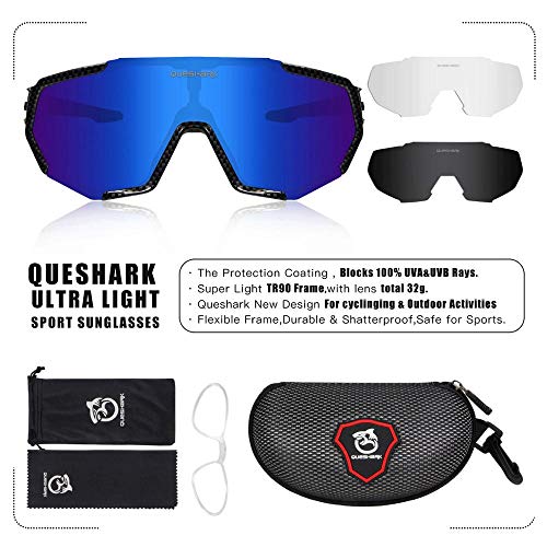 Queshark Gafas de Ciclismo Polarizadas Gafas de Sol Deportivas con Montura TR90 Gafas de Bicicleta para Hombres Mujeres con 3 Lentes Intercambiables Anti-UV400