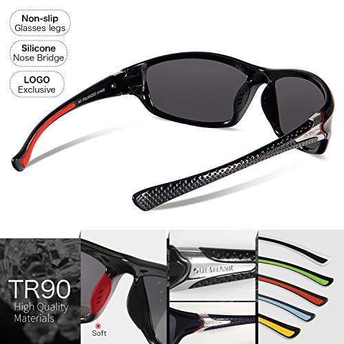 Queshark Gafas de Sol Deportivas Polarizadas Para Hombre Perfectas Para Esquiar Golf Correr Ciclismo TR990 Súper Liviana Para Hombre y Para Mujer (Negro)