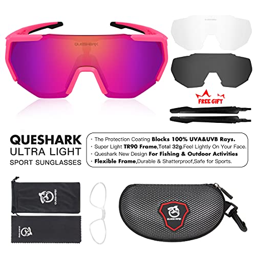 Queshark Gafas De Sol Polarizadas para Ciclismo con 3 Lentes Intercambiables, Protección UVA & UVB, Bicicleta de Carretera MTB Gafas de Ciclismo,Certificación CE