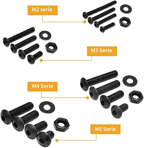 Queta 1225 Unidades de Acero al Carbono de Cabeza de Acero de Carbono Tornillos Tuercas y Arandelas, Juego de M2, M3, M4 y M5 con 4 Llaves Allen Pequeñas Cabezas (acero al carbono negro)