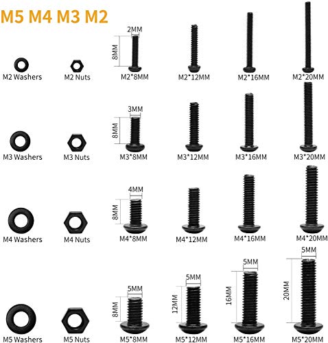 Queta 1225 Unidades de Acero al Carbono de Cabeza de Acero de Carbono Tornillos Tuercas y Arandelas, Juego de M2, M3, M4 y M5 con 4 Llaves Allen Pequeñas Cabezas (acero al carbono negro)