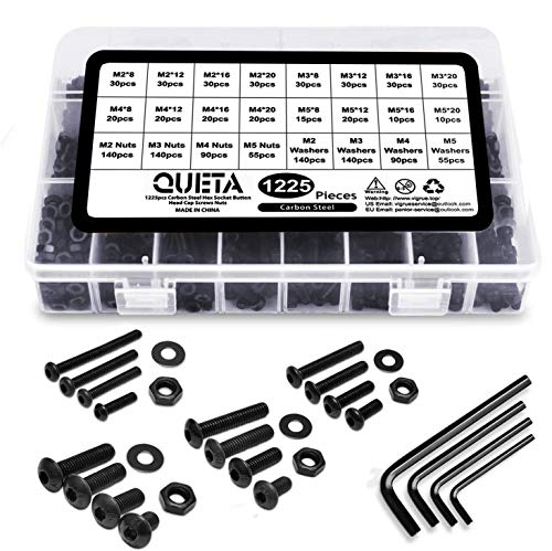 Queta 1225 Unidades de Acero al Carbono de Cabeza de Acero de Carbono Tornillos Tuercas y Arandelas, Juego de M2, M3, M4 y M5 con 4 Llaves Allen Pequeñas Cabezas (acero al carbono negro)