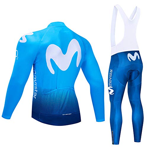 Q&W Hombres Ciclismo Ropa Conjunto Respirable Largo Manga Movistar Ciclismo Jersey Saco Chaqueta con 3D Acolchado Pantalones Secado Rápido,a,XL