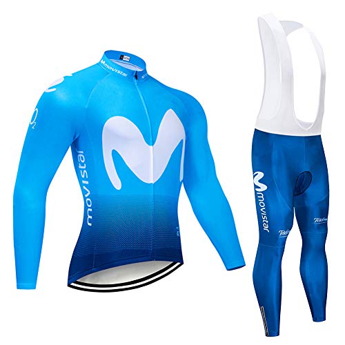 Q&W Hombres Ciclismo Ropa Conjunto Respirable Largo Manga Movistar Ciclismo Jersey Saco Chaqueta con 3D Acolchado Pantalones Secado Rápido,a,XL