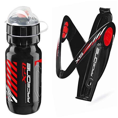 Raceone.it - Kit Race Duo X5 Gel (2 PCS): Porta Bidon X5 + Bidon de Ciclismo XR1 Bici Carrera de Ruta/Bicicleta de Montaña MTB/Gravel Bike. Color: Negro/Rojo 100% Made IN Italy