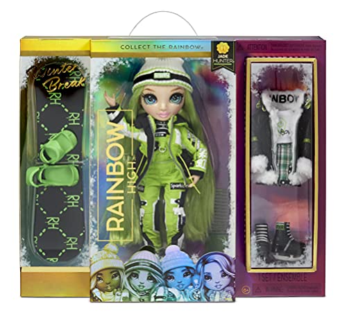 Rainbow High Winter Break Jade Hunter-Muñeca de Moda Verde con 2 atuendos, Equipo de Nieve y Pedestal-Incluye esquís, Patines, Accesorios y más-Edad: 6+ años, Color (574781C3)