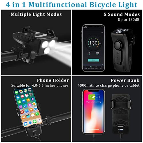 RaMokey Luz Bicicleta, Luces Bicicleta Delantera y Trasera Recargable USB, Luz Bici de Montaña, 4000 mAh luz Bicicleta Delantera, Luces Bicicleta Linterna Bicicleta con Soporte para Teléfono