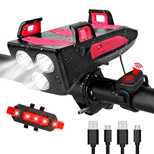 RaMokey Luz Bicicleta, Luces Bicicleta Delantera y Trasera Recargable USB, Luz Bici de Montaña, 4000 mAh luz Bicicleta Delantera, Luces Bicicleta Linterna Bicicleta con Soporte para Teléfono