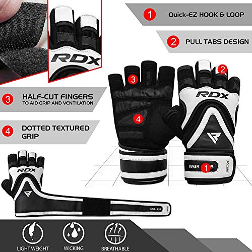 RDX Guantes Gimnasio Levantamiento de Pesas, Maya Hide Cuero, Antideslizante Agarre con Correa Larga, Fitness Gym Gloves para Powerlifting Musculación Culturismo Workout Entrenamiento, Hombre Mujere
