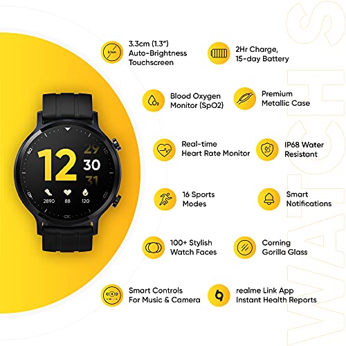 realme Watch S. Smartwatch con Pantalla de 1.3" TFT-LCD. Android y Bluetooth 5.0. Resistencia IP68, Color Negro. [Versión ES/PT]