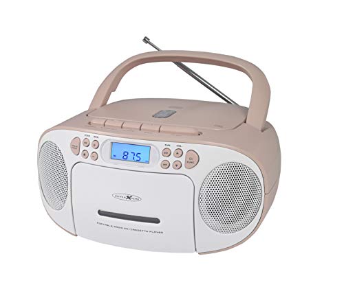 Reflexion Reproductor de CD con Casete y Radio para alimentación y batería (Radio FM PLL, Pantalla LCD, Entrada Auxiliar, conexión para Auriculares), Color Blanco y Rosa