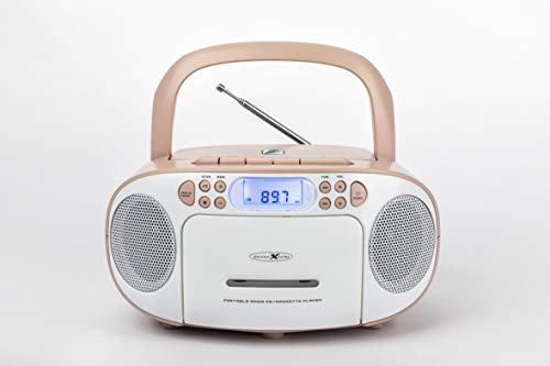 Reflexion Reproductor de CD con Casete y Radio para alimentación y batería (Radio FM PLL, Pantalla LCD, Entrada Auxiliar, conexión para Auriculares), Color Blanco y Rosa