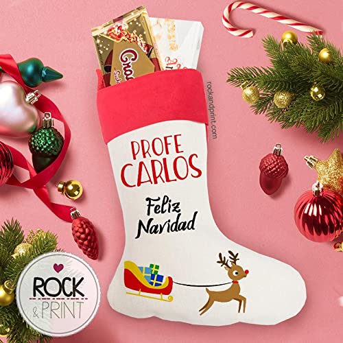 Regalo profe Navidad Calcetín navideño. Personalizado con Nombre. Idea maestros profesores colegio y guarderia Papá Noel