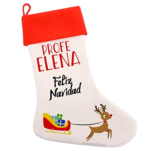 Regalo profe Navidad Calcetín navideño. Personalizado con Nombre. Idea maestros profesores colegio y guarderia Papá Noel