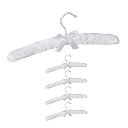 Relaxdays Pack de 5 Perchas Forradas de Raso con Lazo Decorativo, Giratorias, Madera-Tela-Metal, 38 cm de Ancho, Blanco