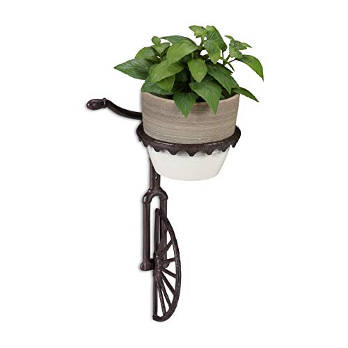 Relaxdays Soporte Macetas Pared con Forma de Bicicleta, Hierro Fundido, Marrón Oscuro, Ø 13 cm
