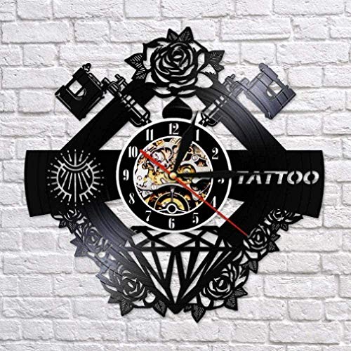 Reloj de Pared Reloj de Pared de Vinilo Estudio de Tatuajes Signo de Tatuaje Disco de Vinilo silencioso Pared Clcok Tienda de Tatuajes Máquina de Tatuaje Decoración de Pared Hipster Hombres Regalo