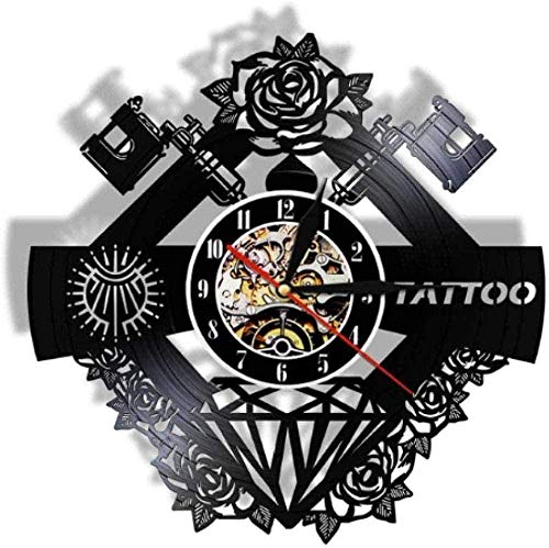 Reloj de Pared Reloj de Pared de Vinilo Estudio de Tatuajes Signo de Tatuaje Disco de Vinilo silencioso Pared Clcok Tienda de Tatuajes Máquina de Tatuaje Decoración de Pared Hipster Hombres Regalo