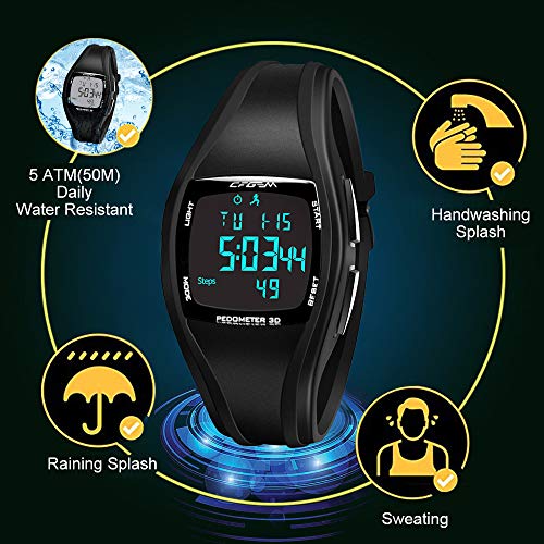 Reloj Digital Hombre Deportivos Numeros Grandes Negro con Podómetro, calendario, Alarma y luz LED para edad 12- edad 45