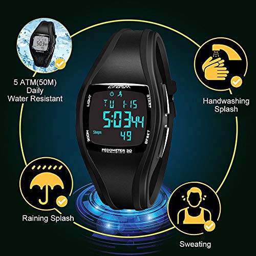 Reloj Digital Hombre Deportivos Numeros Grandes Negro con Podómetro, calendario, Alarma y luz LED para edad 12- edad 45