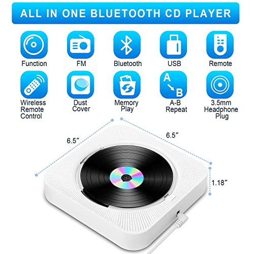 Reproductor de CD con Radio Boombox - Canareen Reproductor de CD Bluetooth con Cubierta Antipolvo y Pantalla LED | Conector AUX 3,5mm con Control Remoto Radio FM USB MP3 Reproductor de música