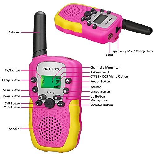 Retevis RA618 Walkie Talkies Niños Juguetes para Niñas y Niños de 6-12 Años Largo Alcance 8 Canales VOX Linterna Senderismo Ciclismo Aventura (Rosa, 1 Par)