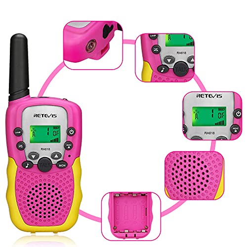 Retevis RA618 Walkie Talkies Niños Juguetes para Niñas y Niños de 6-12 Años Largo Alcance 8 Canales VOX Linterna Senderismo Ciclismo Aventura (Rosa, 1 Par)