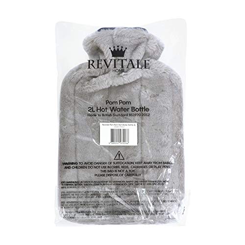 Revitale - Bolsa de agua caliente de pelo artificial, con pompones, acogedora y de lujo, 2 litros… (gris)